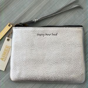 Aimee Kestenberg Silver Leather "Happy Hour Fund" zippered pouch - NWT